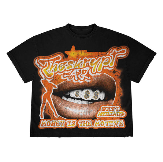 Money is the motive tee black orange